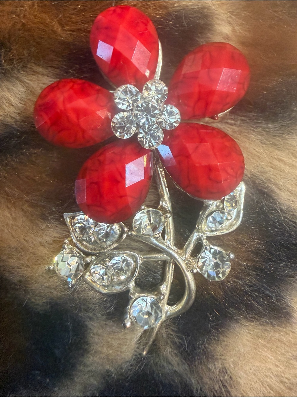 Vintage Red Floral Crystal Brooch Pin